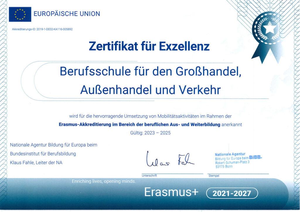 Erasmus+ Zertifikat für Exzellenz